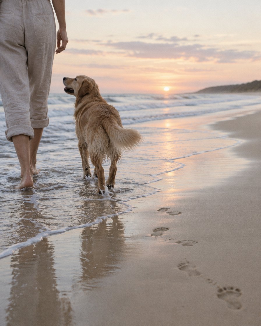 Golden retriever walking through the shallows at sunrise beside its owner