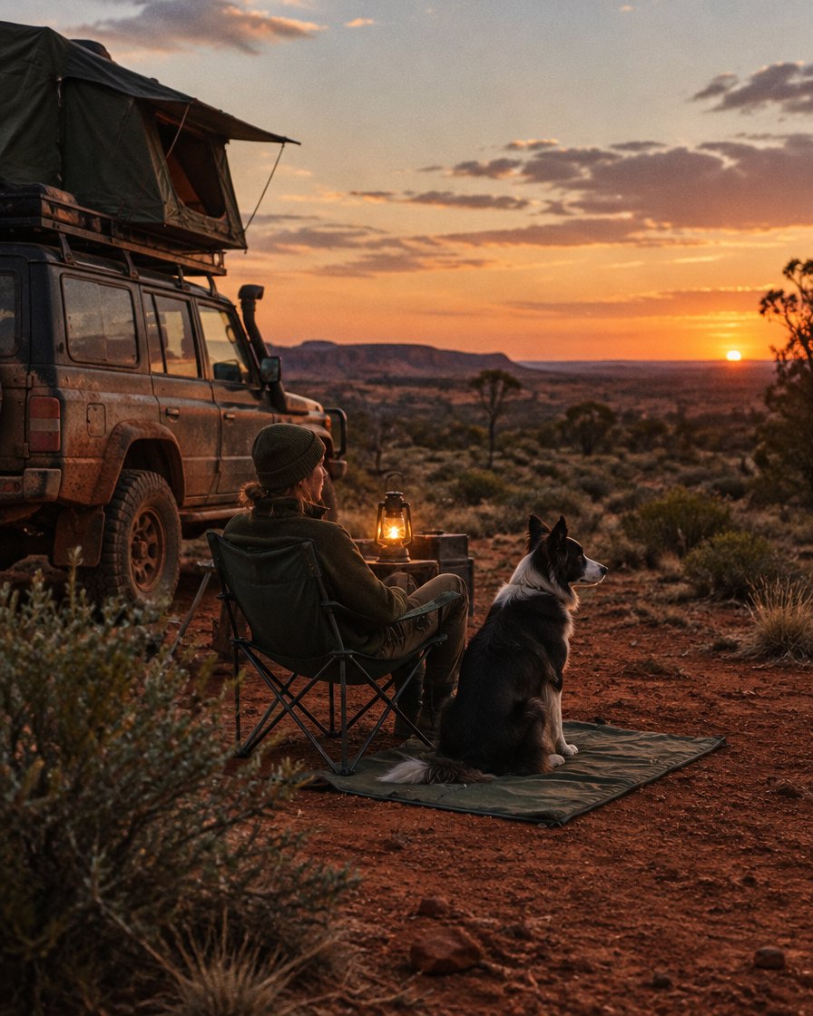 Border collie sitting beside its owner at an outback campsite at dusk