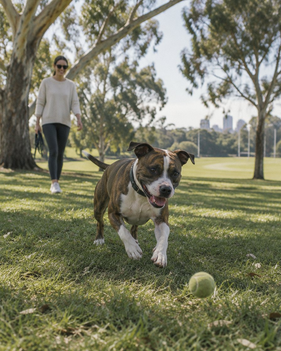 Staffy cross chasing a tennis ball across a park lawn under gum trees
