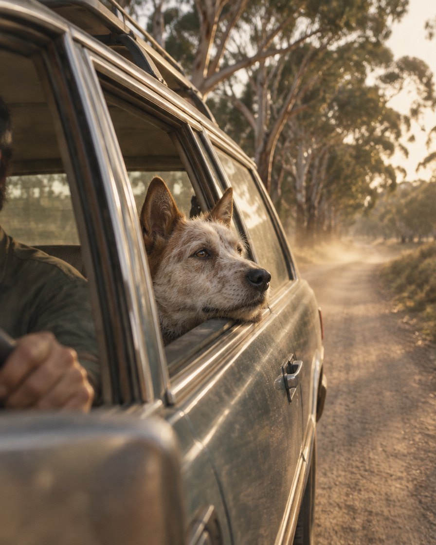 Cattle dog resting its head on a car window on a gum-lined country road